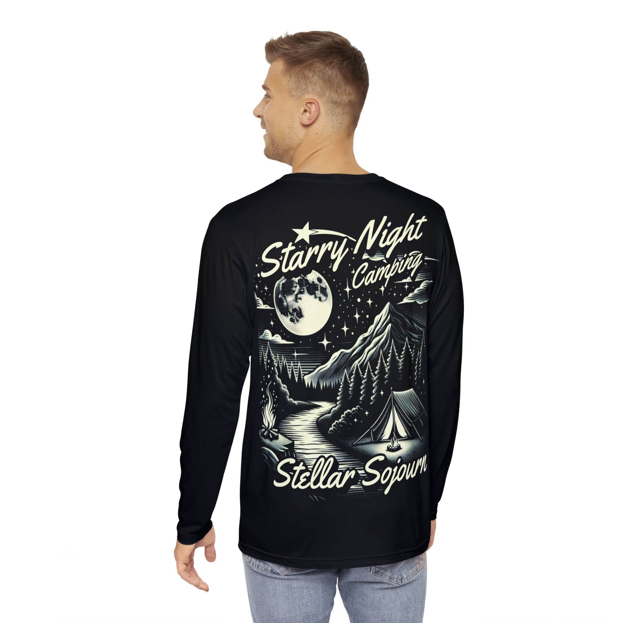 Starry Night Camping Long Sleeve Shirt, Men's AOP Shirt, Outdoor Adventure Tee, Gift for Campers, Cozy Style for Nature Lovers